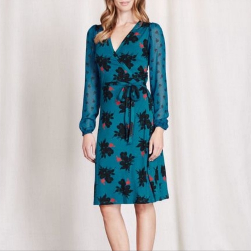 Boden Teal Floral Wrap Midi Dress with Black and Red Accents